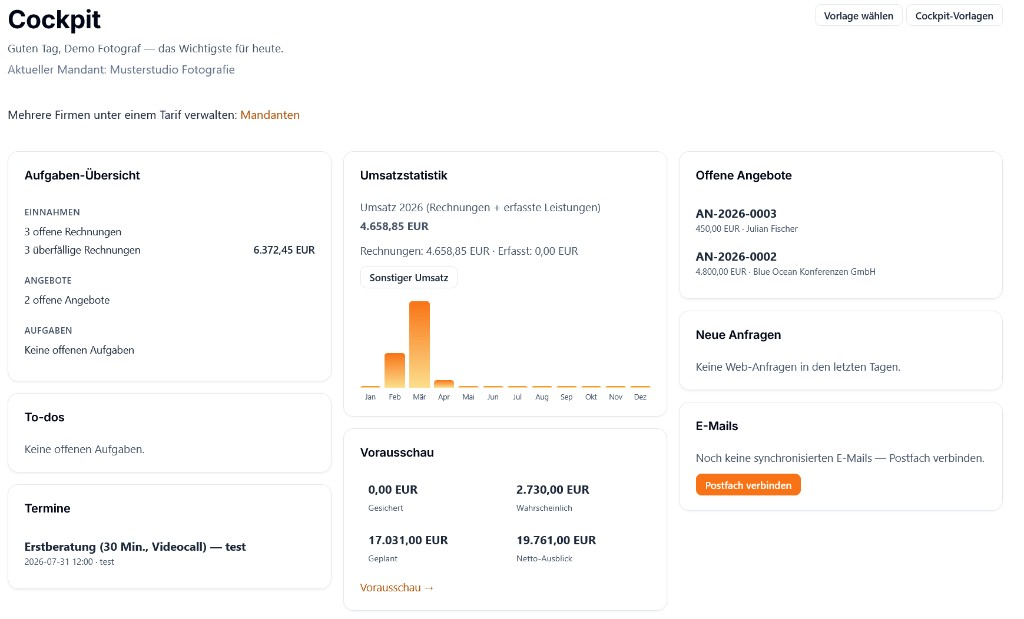 Cockpit with tasks, revenue chart, forecast and open quotes