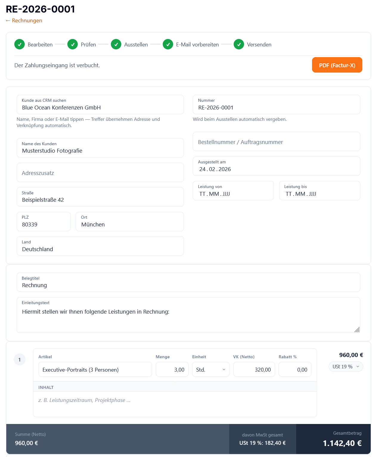 Invoice editor with Factur-X and payment recorded