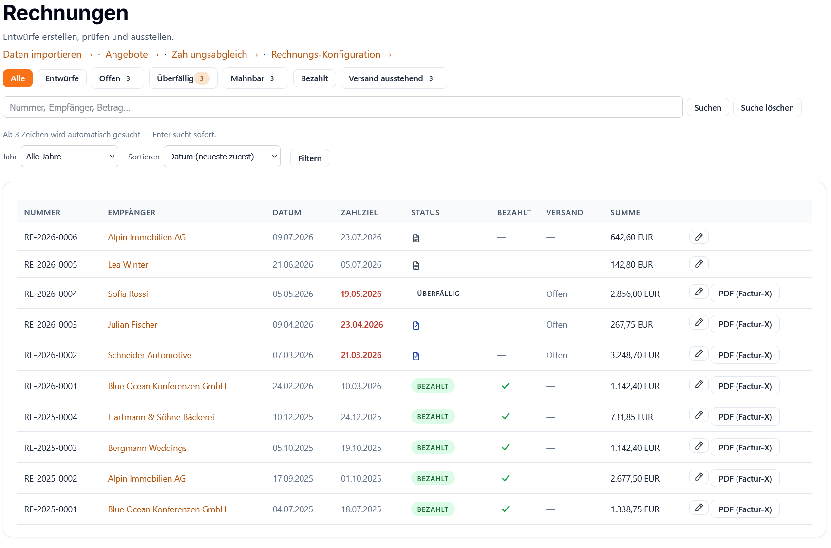 Invoice list with status and overdue badges