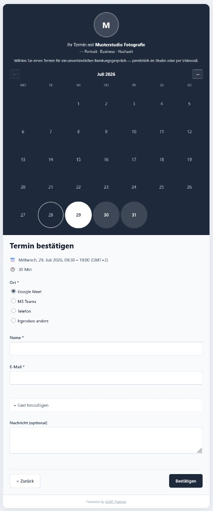 Booking page on mobile — confirm appointment with location, name and email