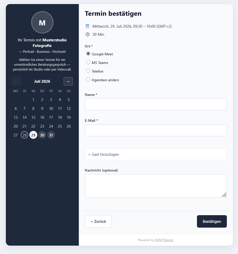 Booking page on desktop — calendar left, confirmation right