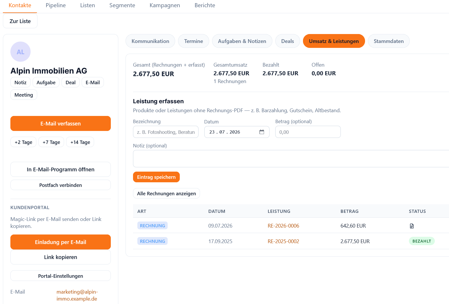 Contact record with revenue, invoices and client portal link