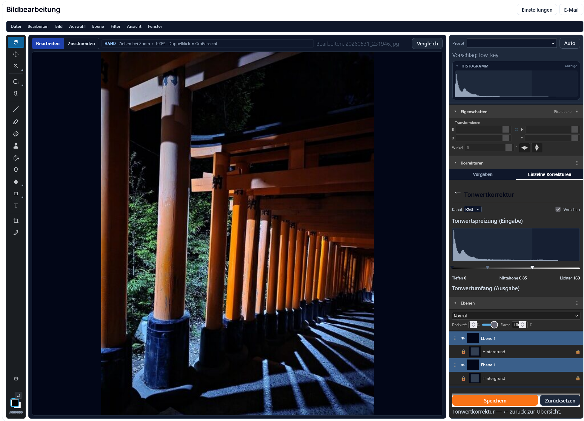 In-browser image editor with layers and histogram